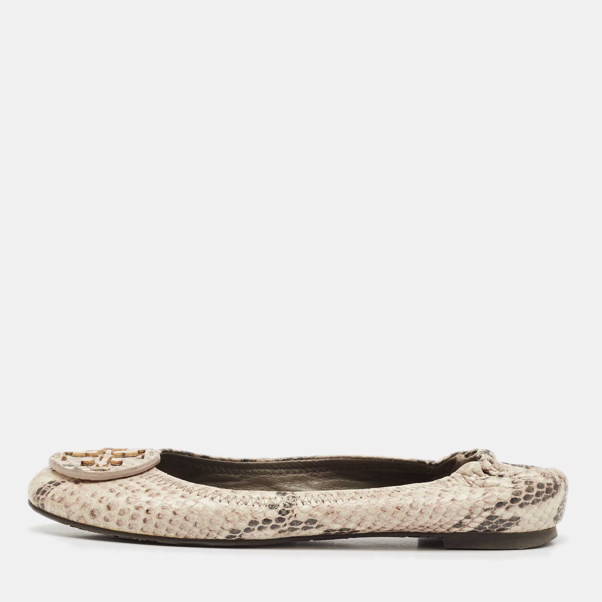 Tory Burch Cream/Black Python Embossed Leather Reva Scrunch Ballet Flats Size 36