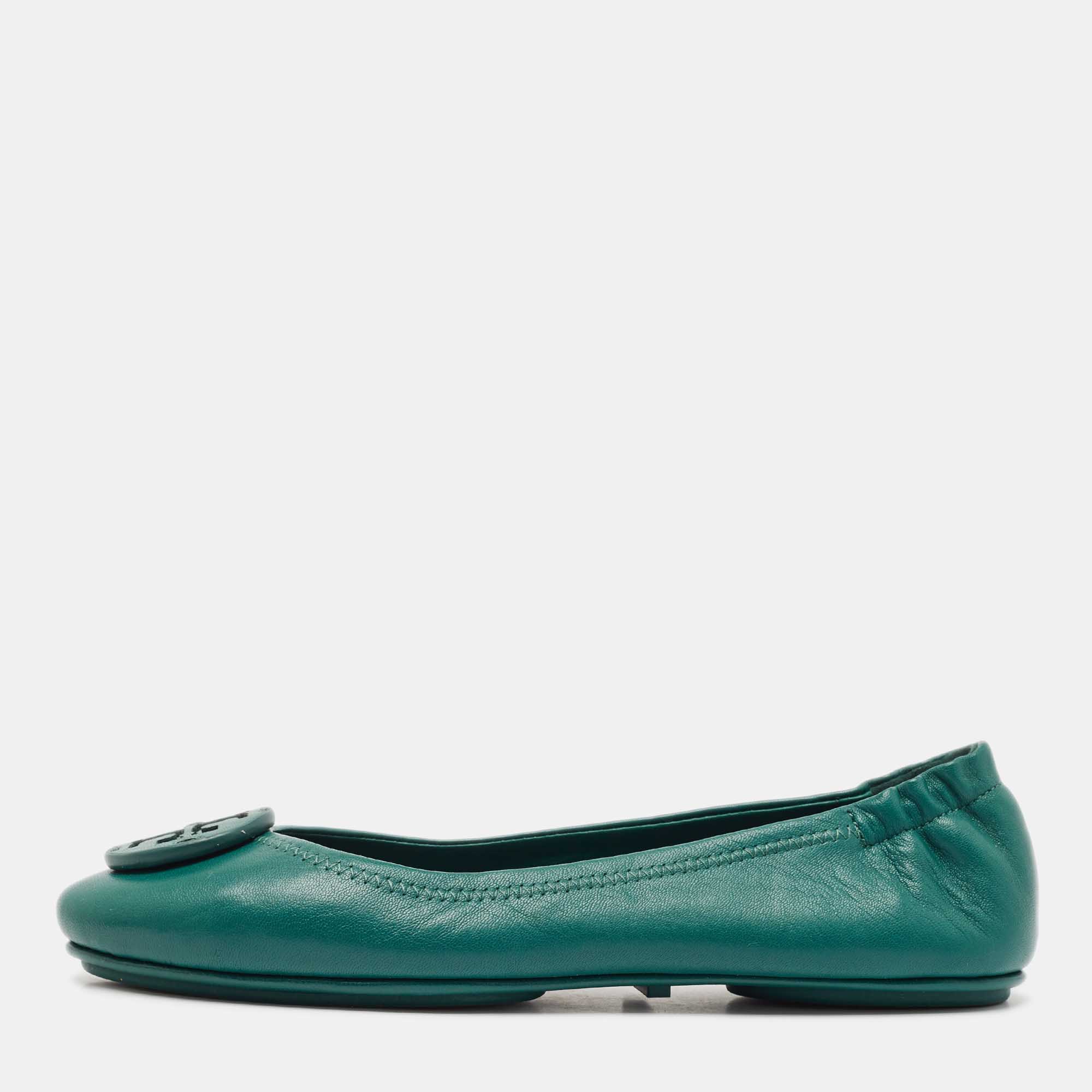 Tory Burch Green Leather Minnie Travel Ballet Flats Size 38.5