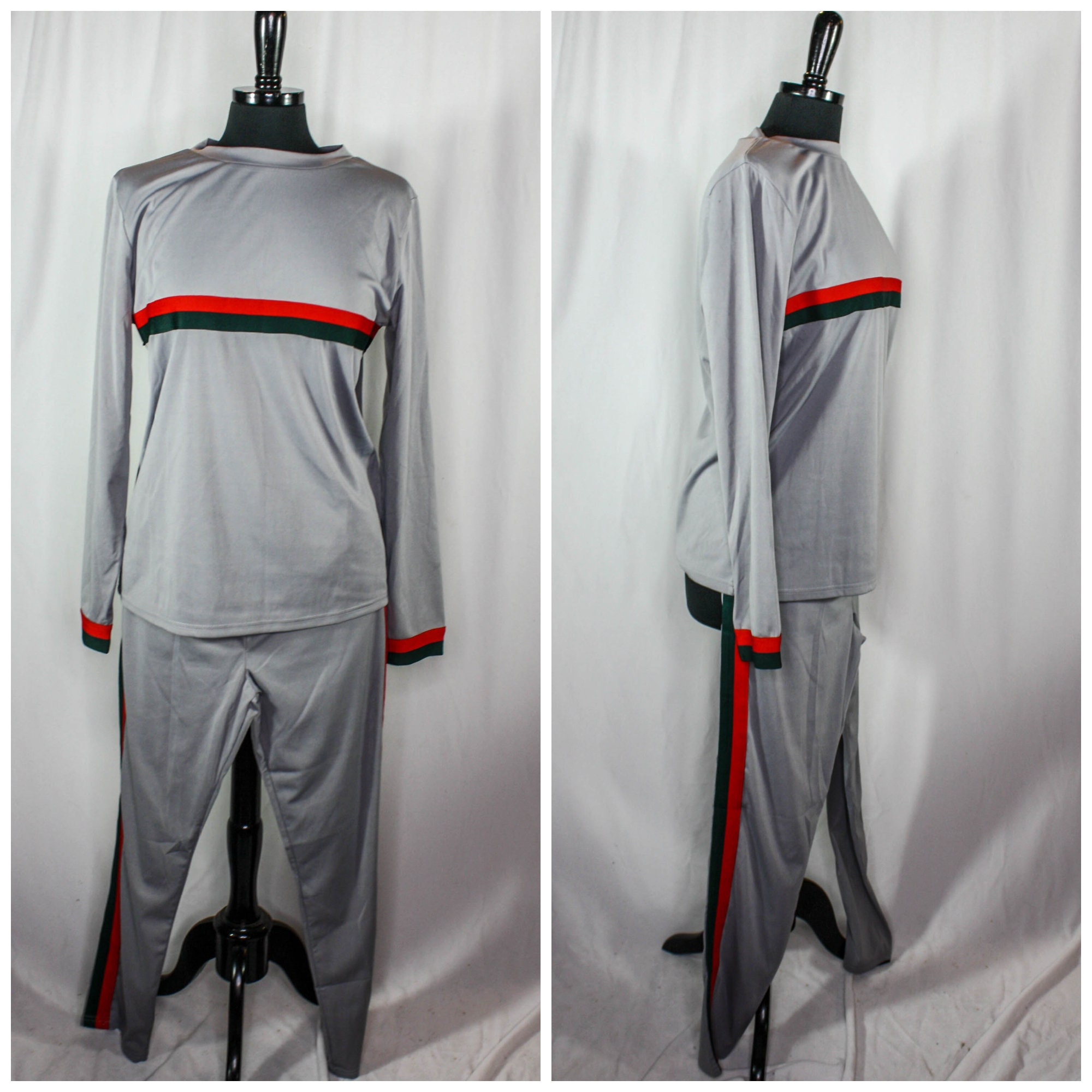 Vintage Track Suit Grey Stripes Green Red Long Sleeve Retro Activewear Matching Set