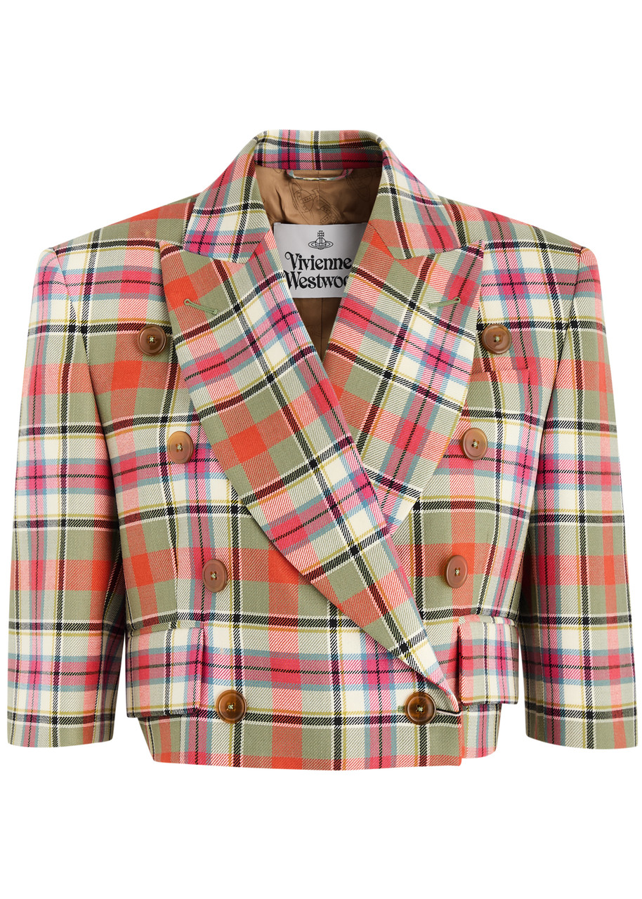 Vivienne Westwood Cut Off Tartan Cropped Wool Blazer - Red/Green/White - 40 (UK8 / S)