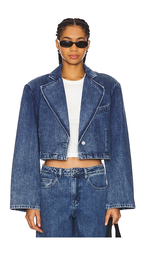 WeWoreWhat Cropped Blazer Jacket in Denim-Medium. Size M, S, XL.