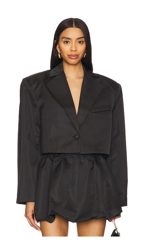 WeWoreWhat Cropped Satin Blazer in Black. Size M, S, XL, XS.