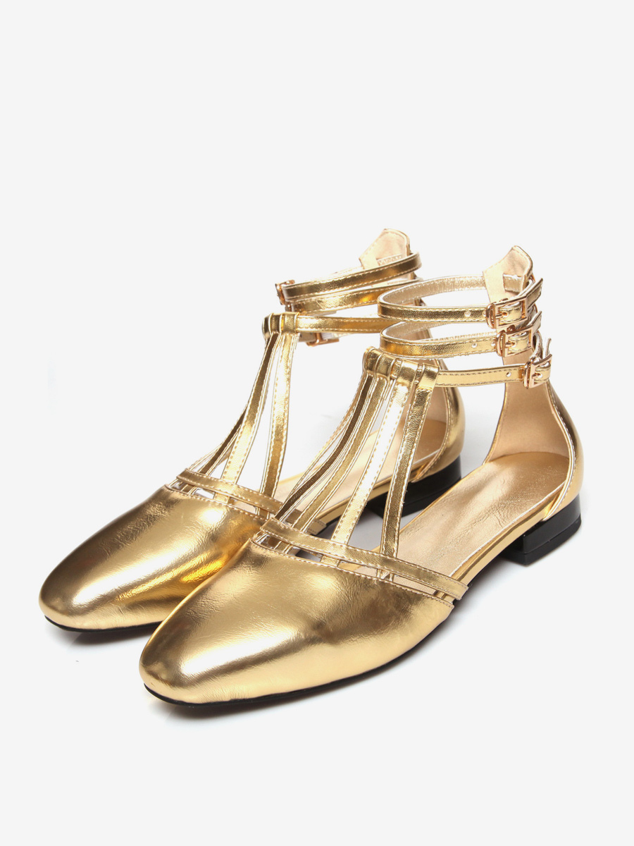 Women Metallic Flats Round Toe Strappy Ankle Strap Ballet Flats