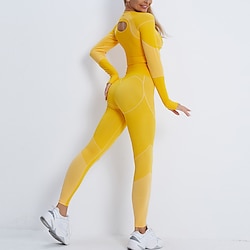 Women's Activewear Set Workout Sets Winter 2 Piece Cropped Stripes Leggings Crop Top Yellow Pink Spandex Yoga Fitness Gym Workout Tummy Control Butt Lift Breathable Sport Activewear Stretchy