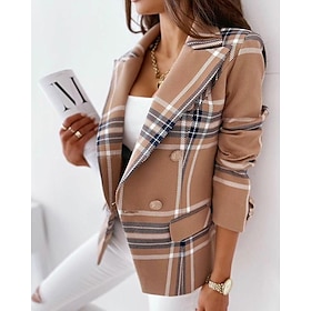 Women's Blazer Plaid Print Coat Pink Camel Dusty Blue Elegant Daily Fall Double Breasted Notch lapel collar Regular Fit S M L XL XXL / Thermal Warm / Plaid / C