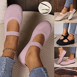 Women's Breathable Knit Fabric Mary Jane Flats - Comfortable Elastic Strap Slip-On Ballet Shoes for Daily Wear