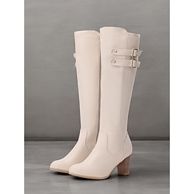 Women's Chic Knee-High Cream Boots - Sleek Design with Double Buckle Detail and Block Heel, Perfect for Fall and Winter Fashion