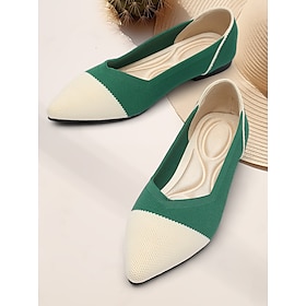 Women's Green and White Knit Ballet Flats - Comfortable Pointed Toe Slip-On Shoes for Casual and Everyday Wear