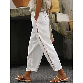 Women's Linen Wide-Leg Pants Embroidered Side Detail Elastic Drawstring Waist Beach Casual Summer White