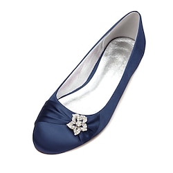 Women's Navy Blue Satin Ballet Flats with Rhinestone Embellishment - Elegant Wedding and Evening Shoes