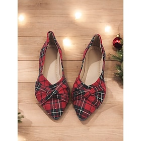 Women's Red Tartan Plaid Ballet Flats - Festive Knotted Design Slip-On Shoes for Christmas and Casual Wear