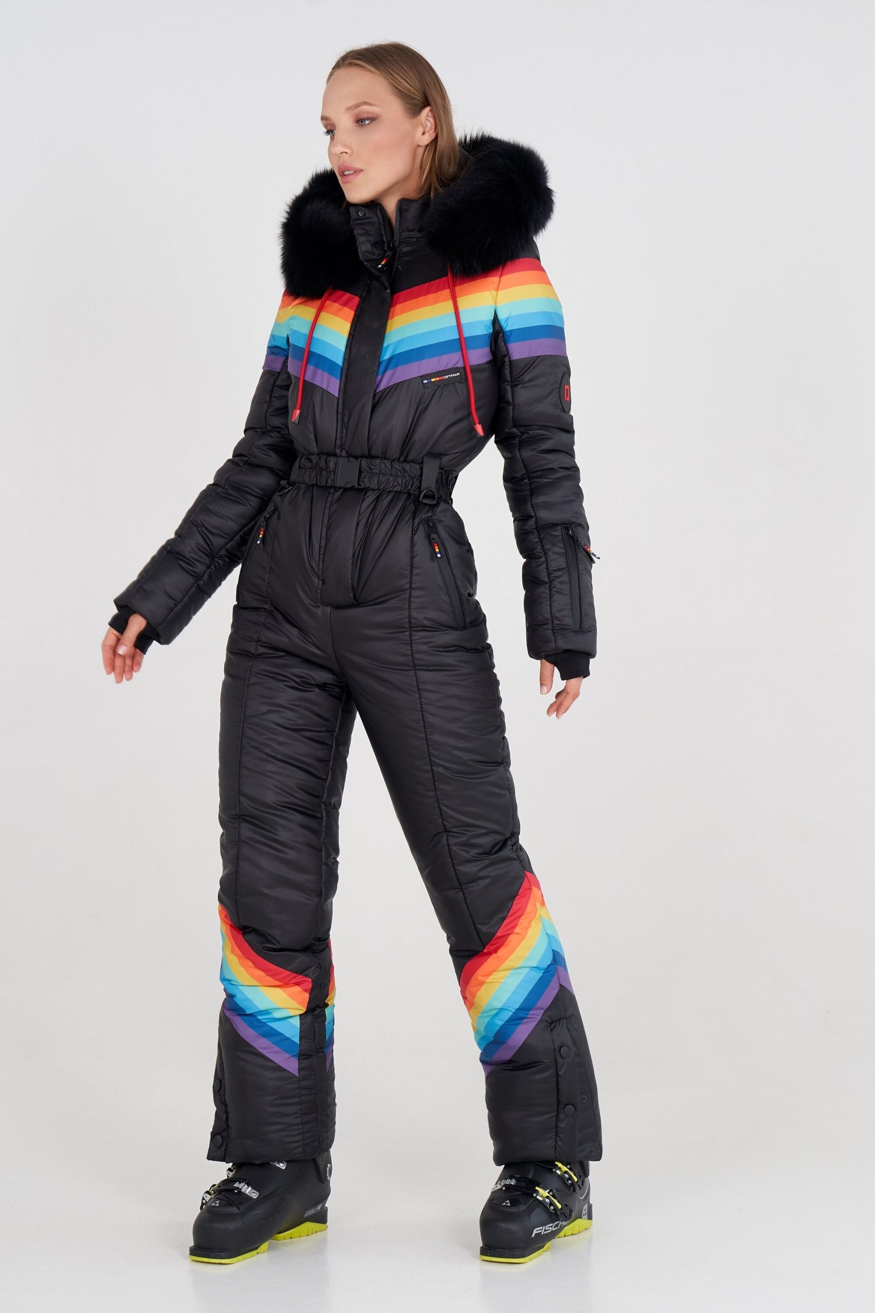 Womens Ski Suit Wiht Rainbow Black Womens Warm Jumpsuit Women Winter Activewear Gift For Skier Sister Birthday Gift Ideas