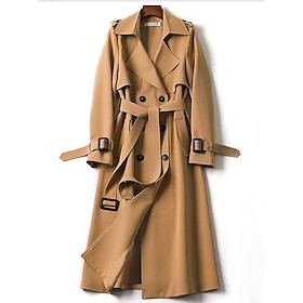 Women's Trench Coat Fall Double Breasted Lapel Long Coat with Belt Winter Warm Windproof Jacket with Pockets Maillard Black Blue Camel Beige Daily S M L XL XXL