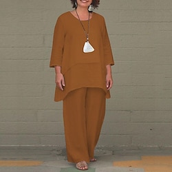 Women's Two Piece Set Tunic Top Wide-Leg Pants Earthy Brown Long Sleeve Layered Flared Hem Comfortable Elegant Lightweight Casual to Formal Occasions Spring Fall Regular Size Clothing Apparel