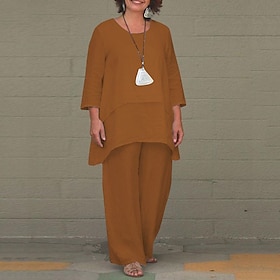 Women's Two Piece Set Tunic Top Wide-Leg Pants Earthy Brown Long Sleeve Layered Flared Hem Comfortable Elegant Lightweight Casual to Formal Occasions Spring Fa