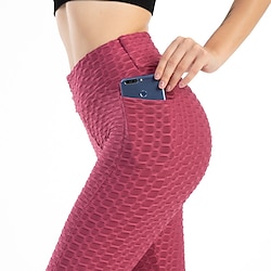 Women's Yoga Pants with Phone Pocket Jacquard Tummy Control Butt Lift Breathable High Waist Yoga Fitness Gym Workout Tights Leggings Bottoms Rust Red Black White Spandex Fall Winter Sports Activewear