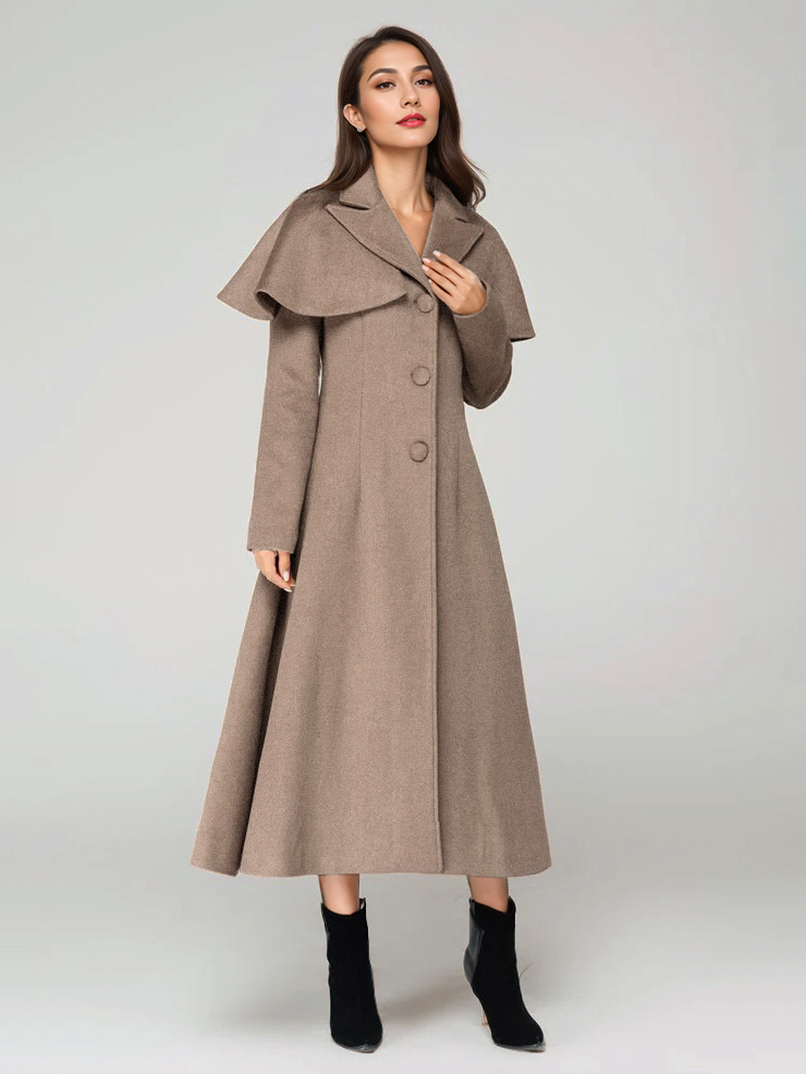 Wool Blend Coat With Cape Classic Lapel Elegant Camel Winter long Outerwear For Women 2025