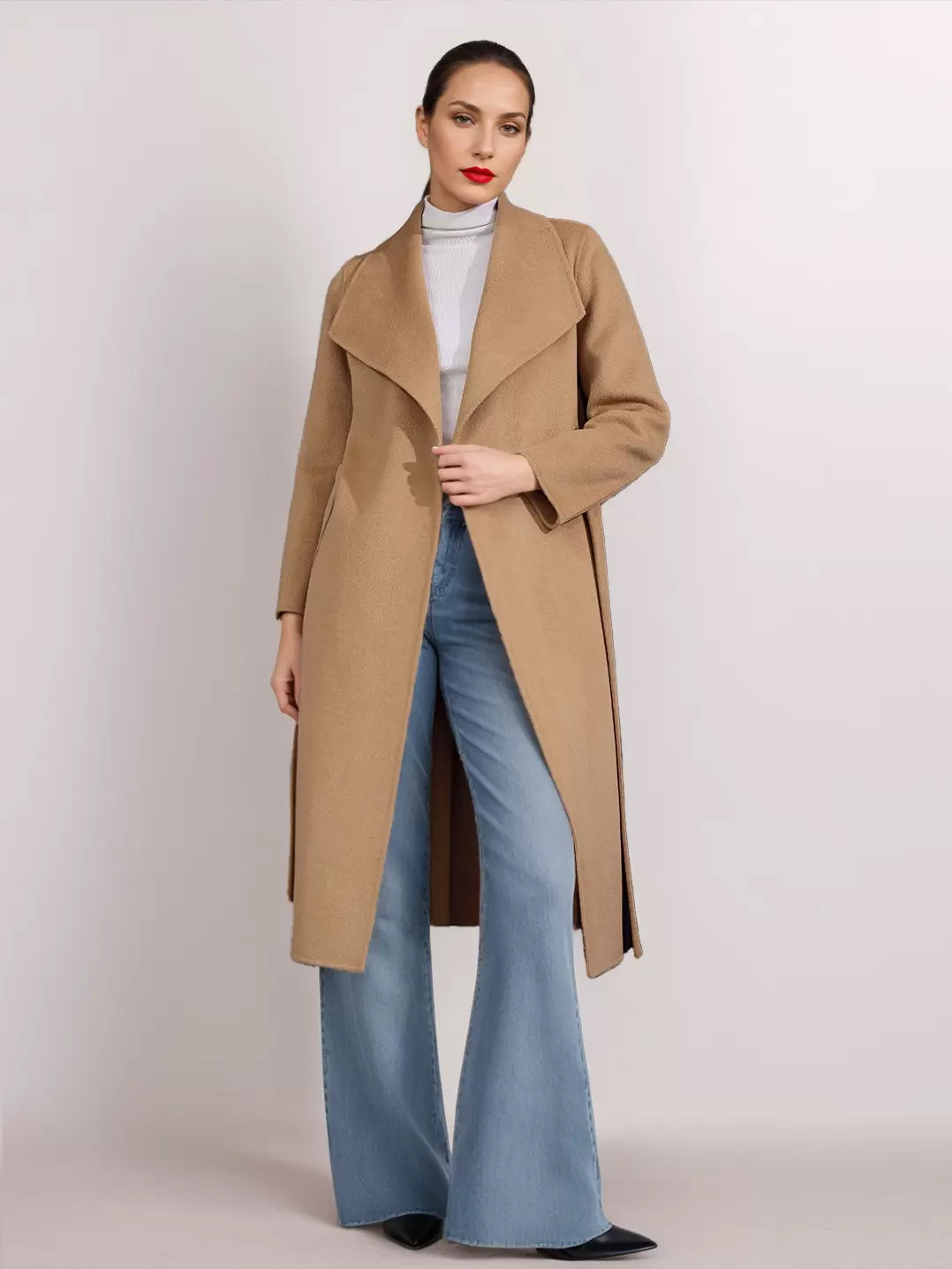 Wool Cashmere Blend Coat Belted Camel Wide Lapel Winter Double-Faced Outerwear For Women 2025