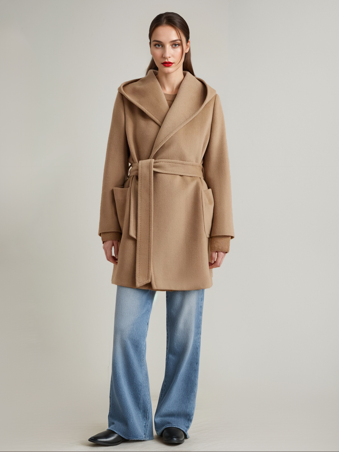Wool Cashmere Blend Coat With Hood Camel Belted Double-Faced Short Wrap Coat For Women 2025