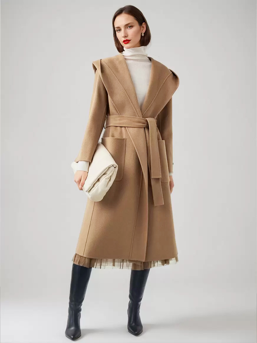 Wool Cashmere Blend Wrap Coat With Hood Double-Faced Camel Belted Winter Outerwear For Women 2025