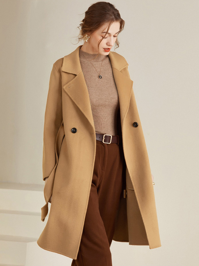 Wool Wrap Coat For Women Classic Notched Lapel Belted Cozy Winter Midi Outerwear 2025