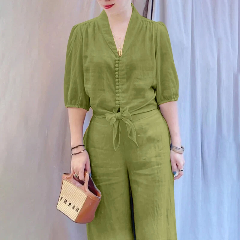 ZANZEA Women Summer Daily Two-Piece Set Stylish Bubble-sleeve Cotton Linen Top & Wide-leg Pants Casual Set Plus Size