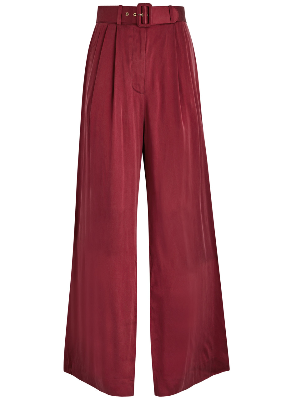 Zimmermann Belted Wide-leg Silk-satin Trousers - Bordeaux - 00 (UK 6 /xS)