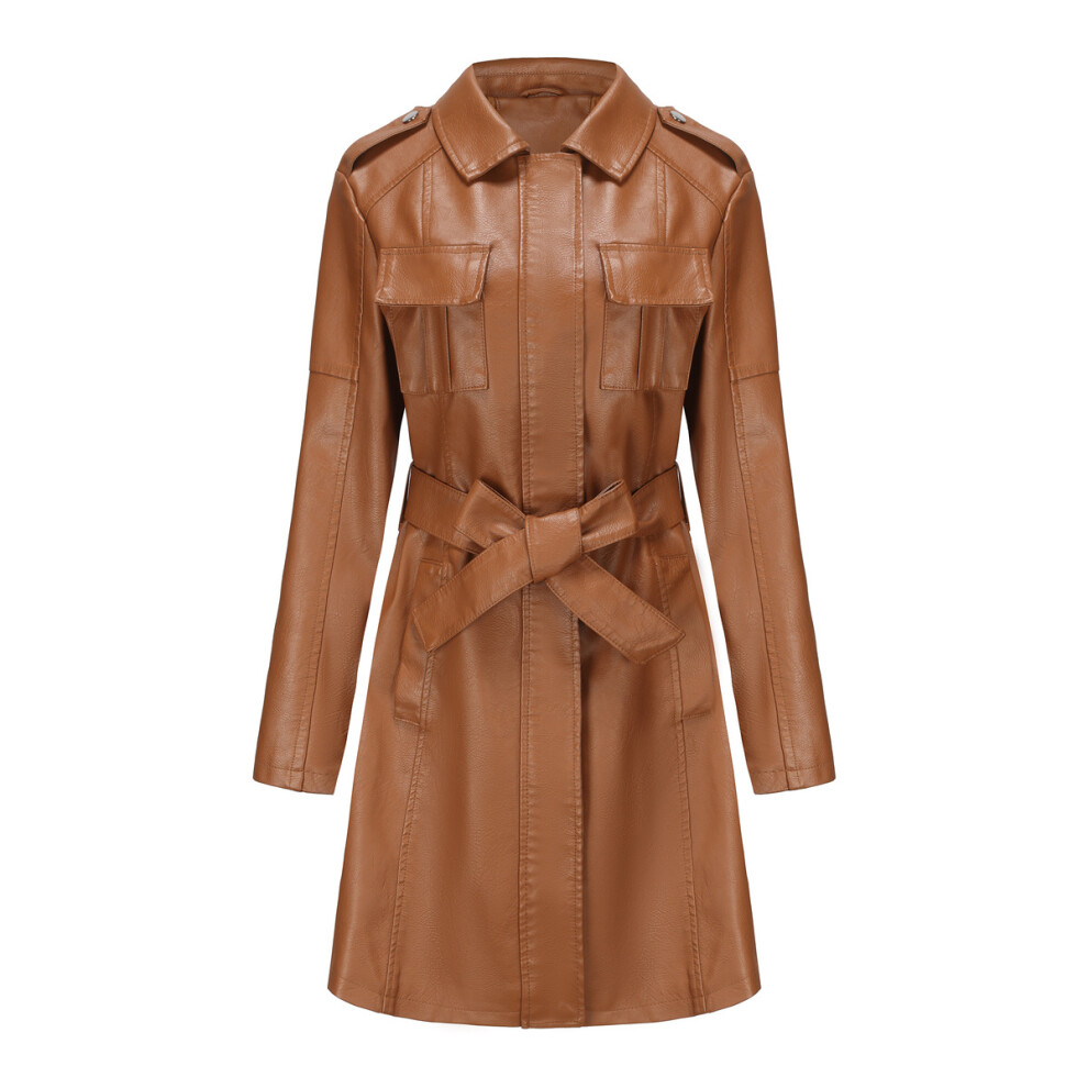 (camel, M) Womens Fashion Lapel Double Breasted Lambskin Leather Mid Long Jacket Coat
