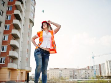 We're loving this bold industrial chic look! A crisp white shirt paired with blue jeans gets a trendy twist with a bright orange hi-vis vest and red beret. We've discovered the secrets to making workwear fabulous - visit our blog for the full styling guide and shopping tips. Don't we all need some edge in our wardrobe? #Industrial #Chic #Into #High #Fashion #Secrets #Hivis #Our #PinterestTips