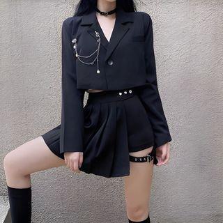 Chain Detail Cropped Blazer High Waist Asymmetrical Pleated Mini A-Line Skirt Black Blazer