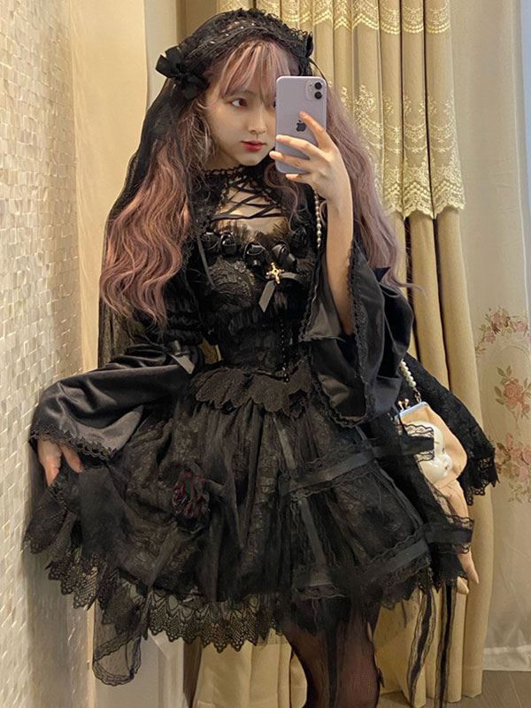 Gothic Lolita Rose Cage Cla Elegant Relief Mesh Dresses Lace Sleeveless Black Lolita Jumper Skirt With Headband