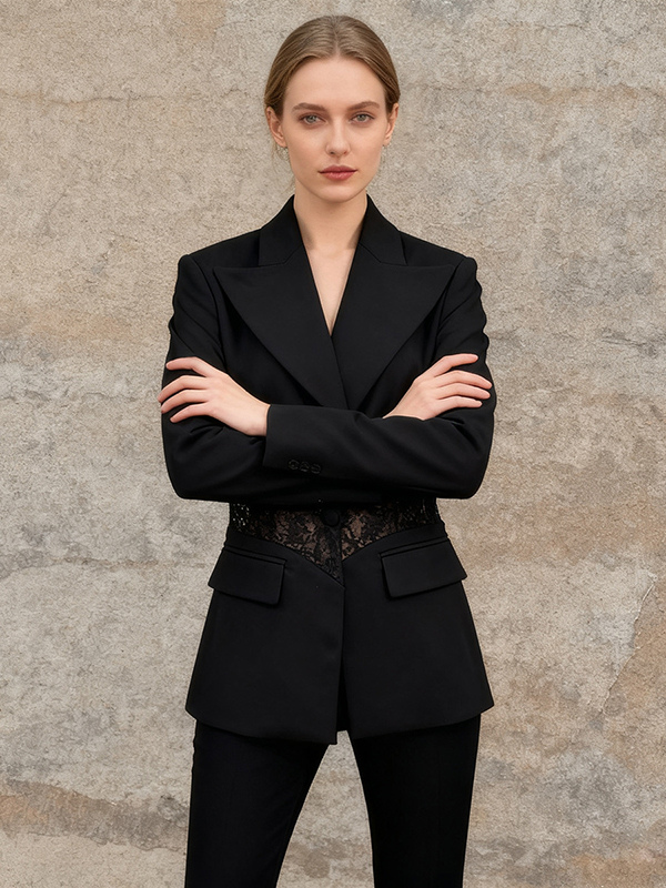 Sexy Lace Patchwork Blazer For Women - Black Gothic Sheer Mesh Waist Slim Fit Suit Jacket - Spring Evening Party