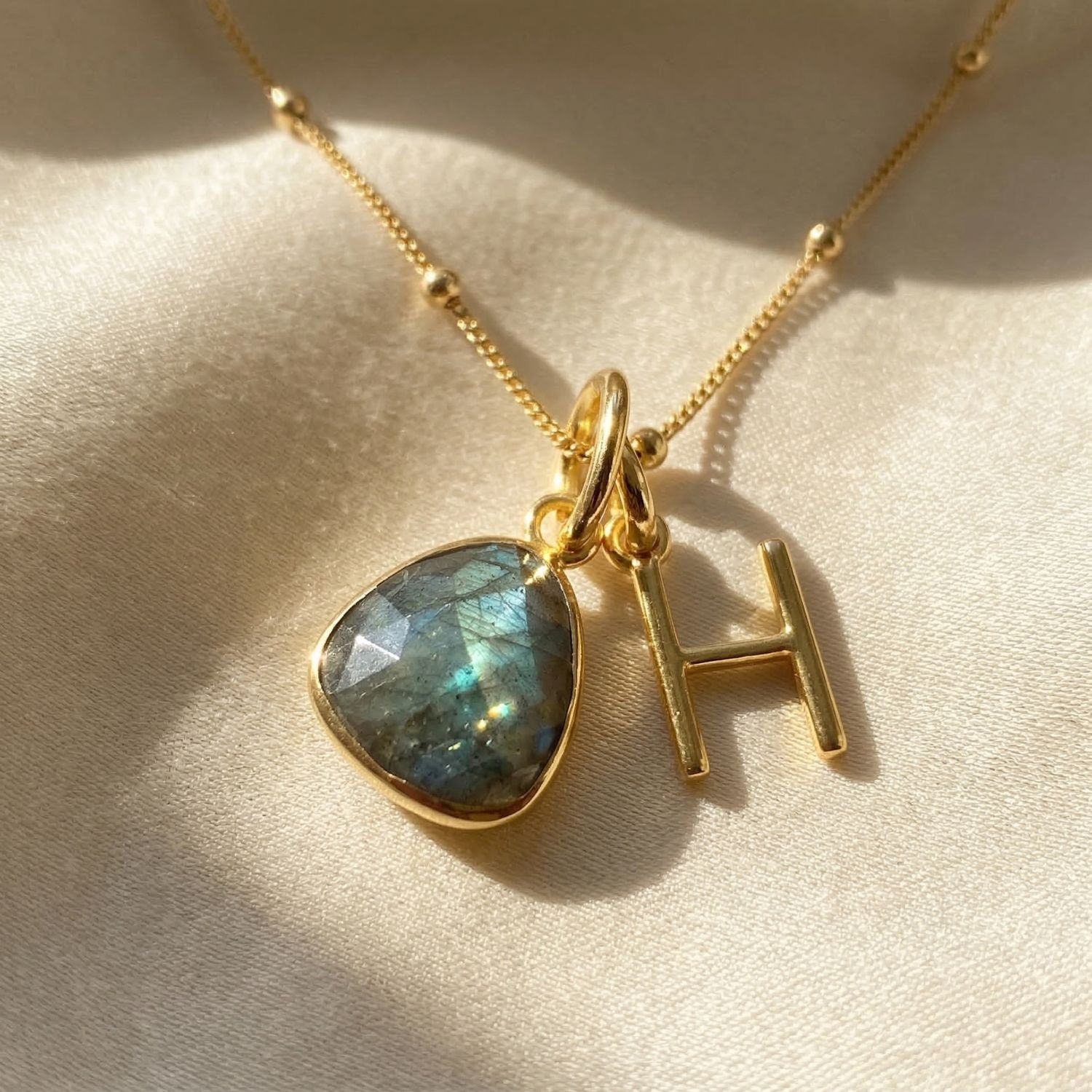 ct Gold Vermeil Plated Labradorite Initial Necklace - I Fine chain