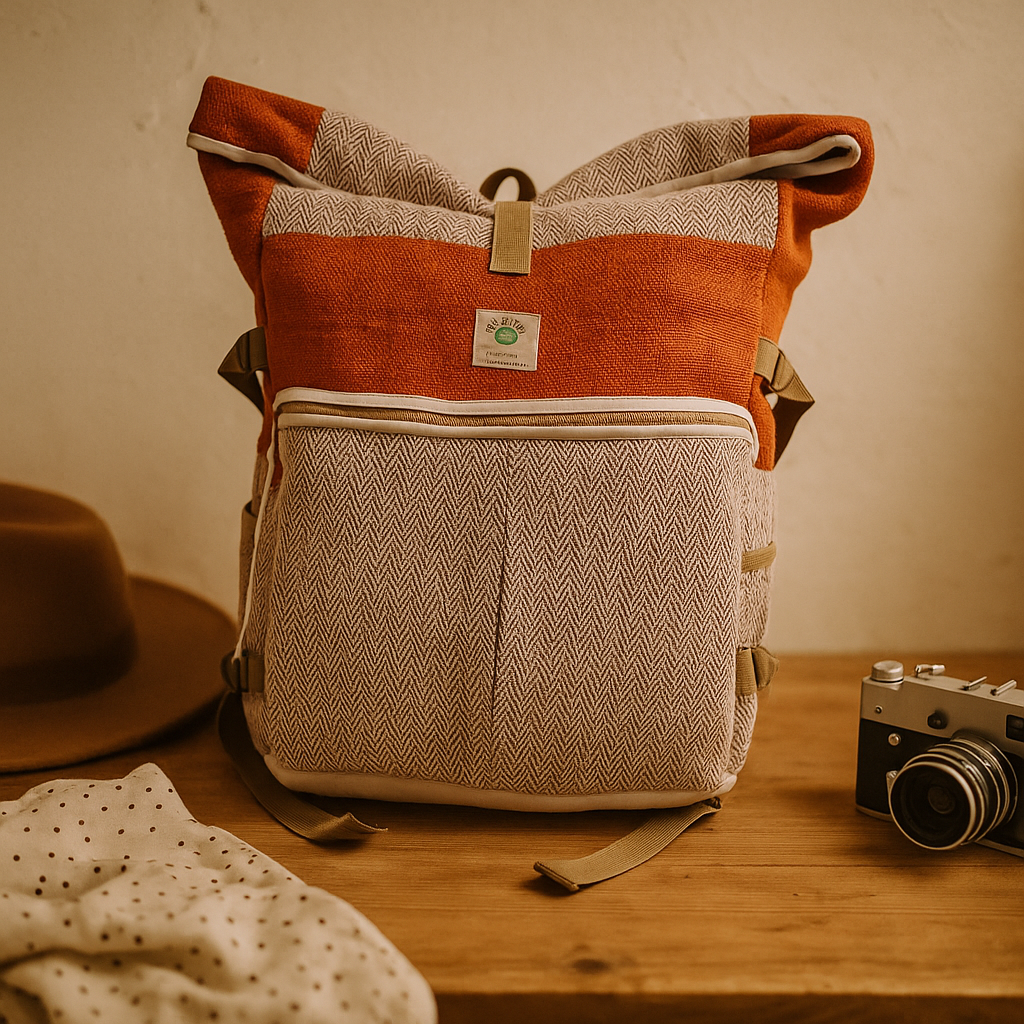 Hemp Rolling Trekking Backpack, Sunset Orange Herringbone Nepal