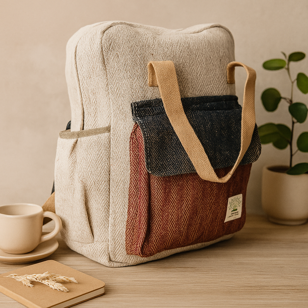Hemp Backpack Herringbone Cream Dark Blue Red