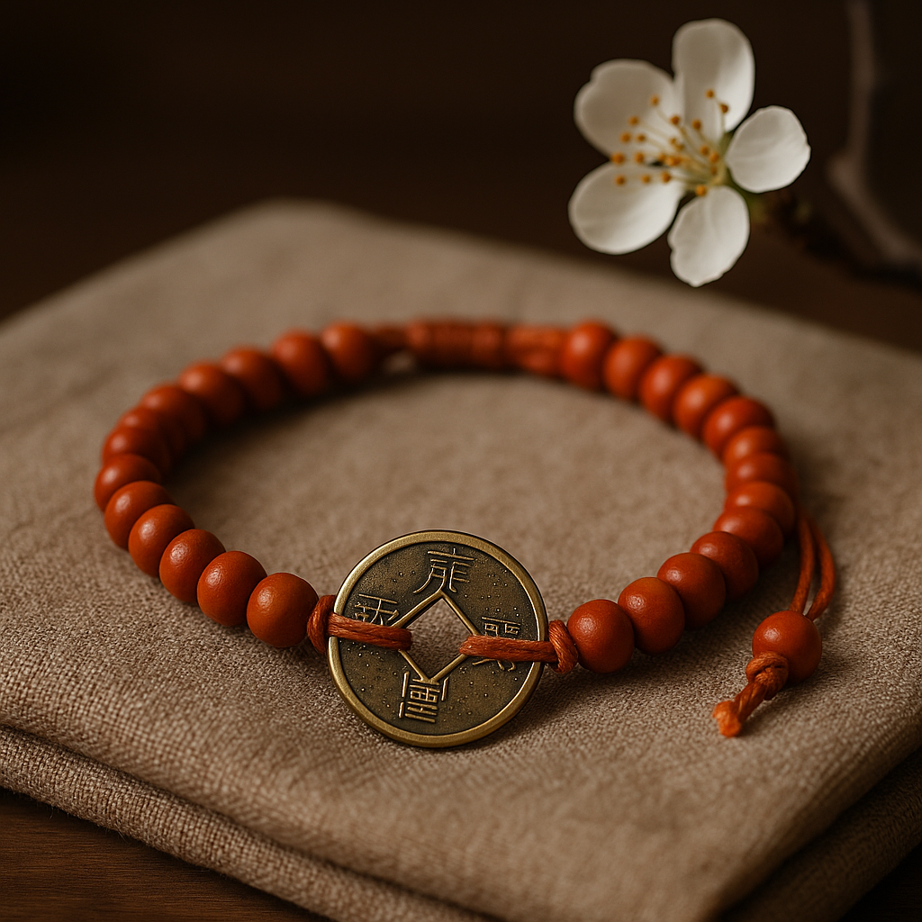 Feng Shui Wood Bead Coin Bracelet Orange