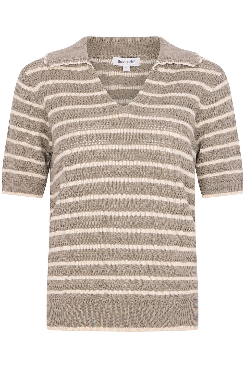 Bonmarche Khaki Pointelle Stripe Collared Jumper, Size: