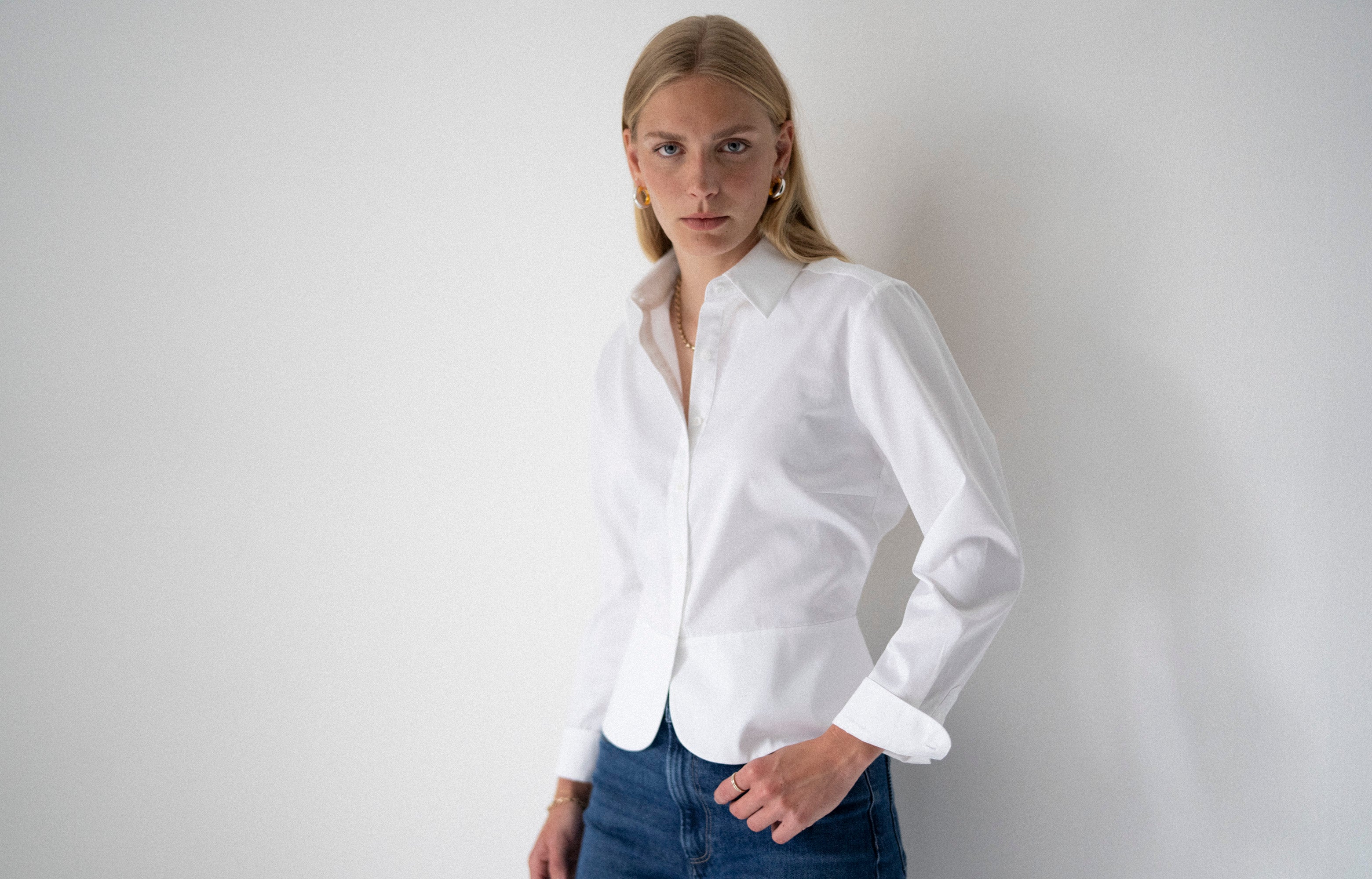 Odette Tailored Fit White Cropped Cotton Shirt With Peplum