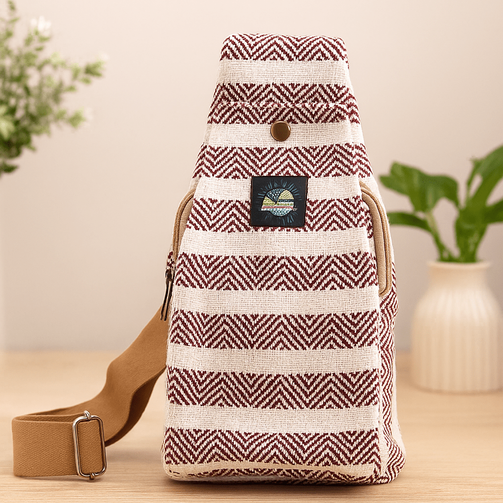 Crossbody Bag Natural Cotton Burgundy and White