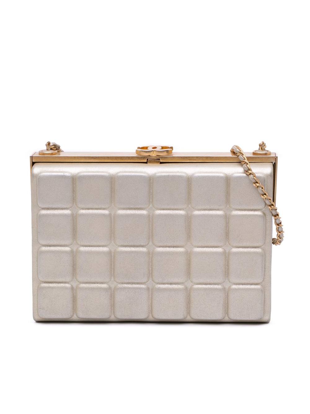 Chanel Women's Preloved Chocolate Bar Metallic Lambskin Frame Clutch with Chain Bag in Gold