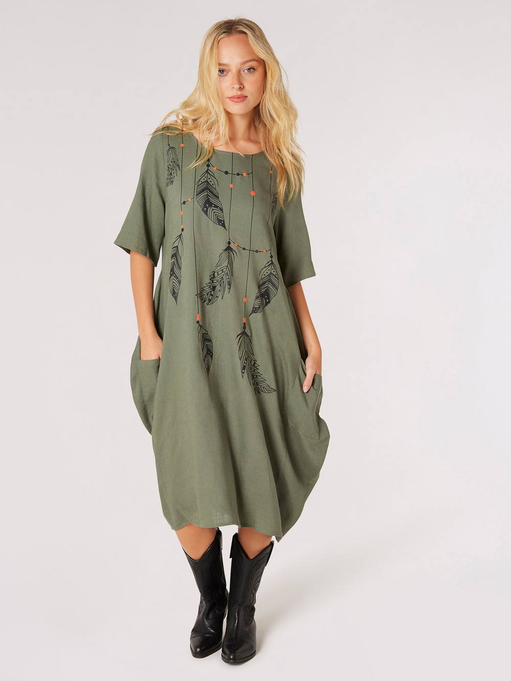 Apricot Necklace Print Midi Dress In Khaki