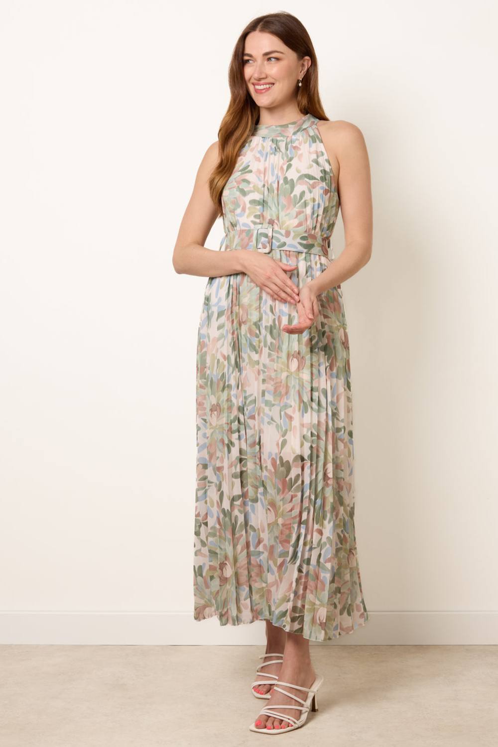 Blue Vanilla Green Printed Pleated Dress With Belt