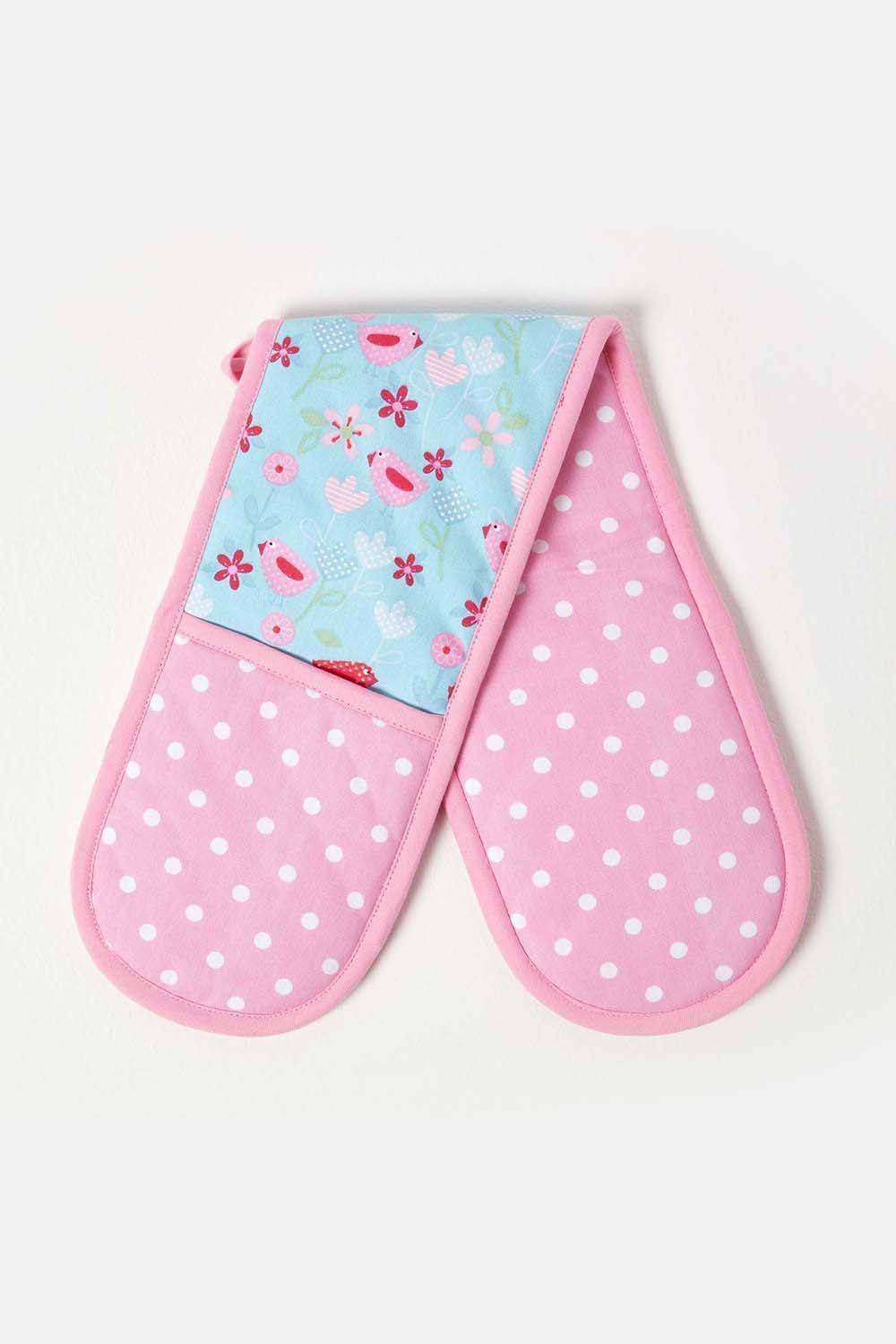 Homescapes Birds And Flowers Pink Cotton Double Oven Glove