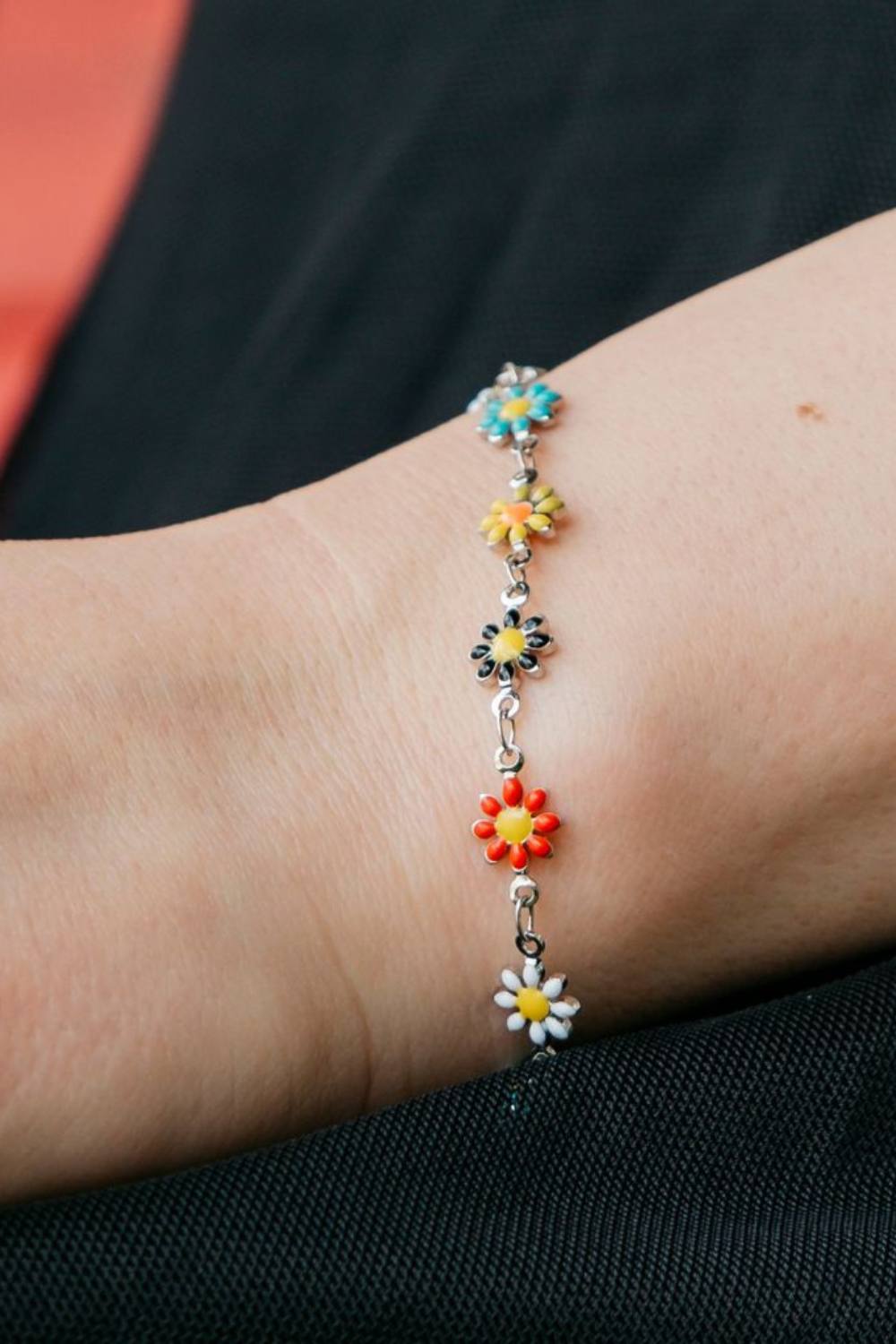 The Colourful Aura Colourful Rainbow Sun Flower Charm Indie Daisy Floral Summer Boho Bracelet In Silver