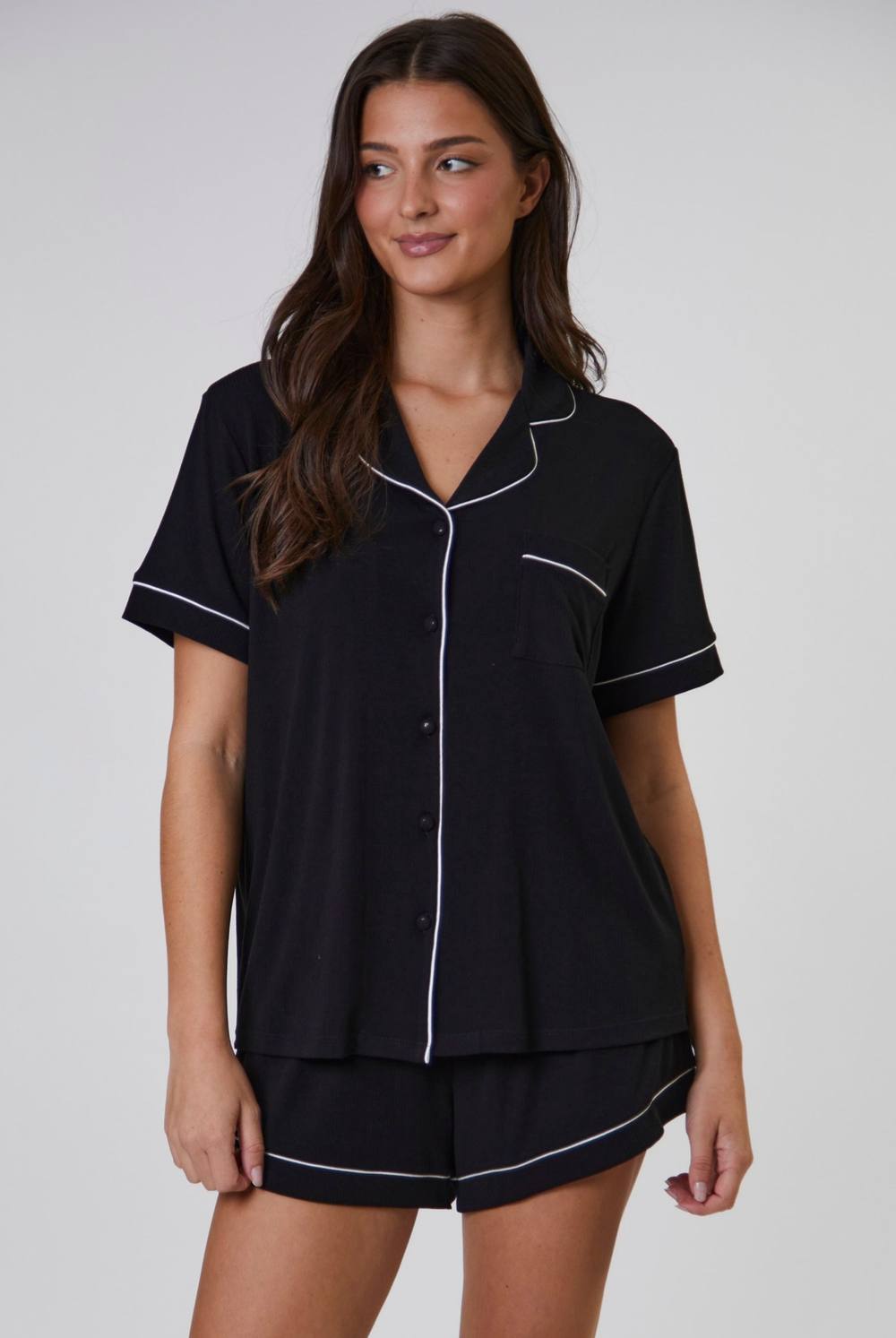 Loungeable Rib Short Sleeve Traditional Shirt And Shorts In Black