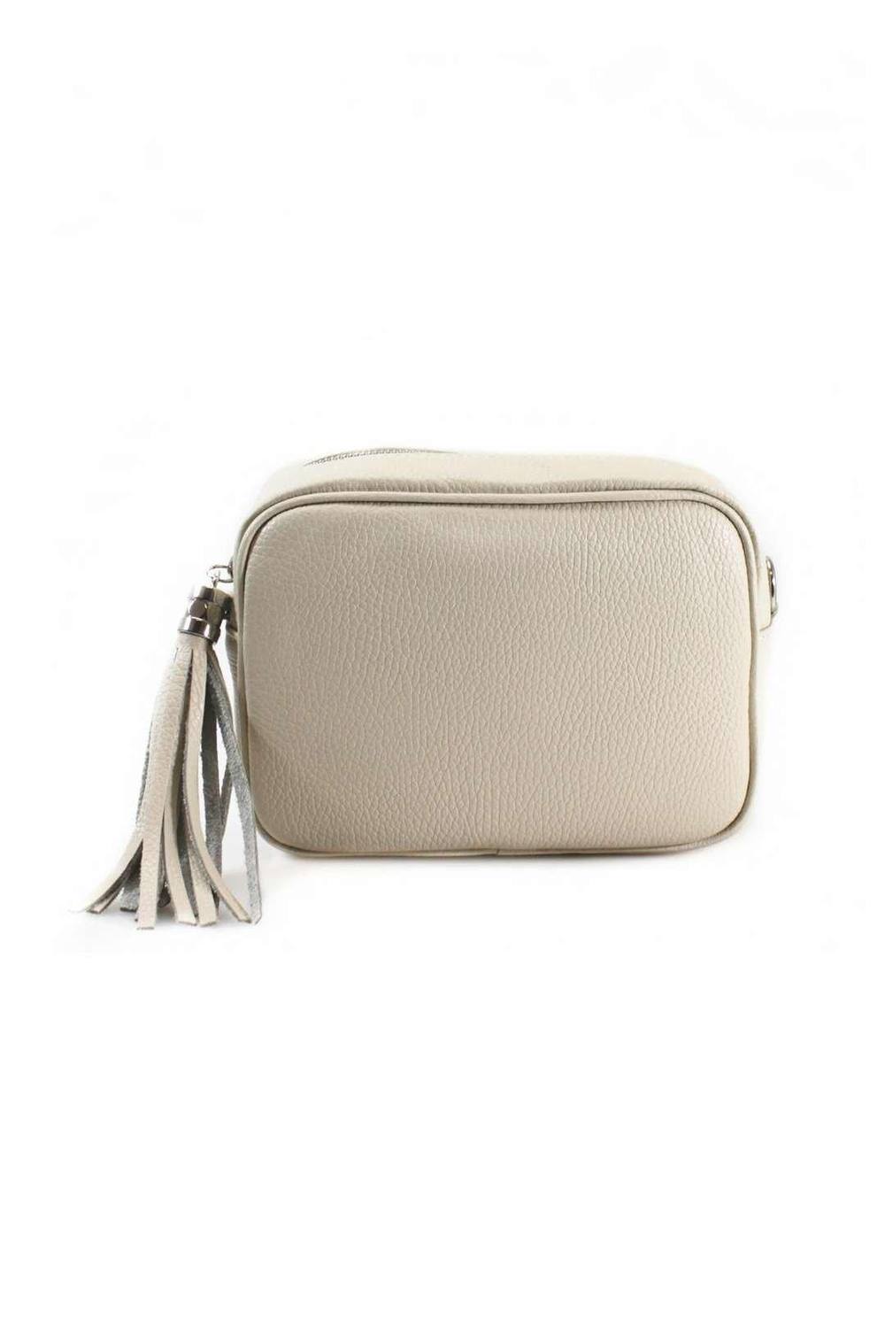 Kitise Tassel Charm Genuine Italian Leather Small Camera Crossbody Bag In Beige