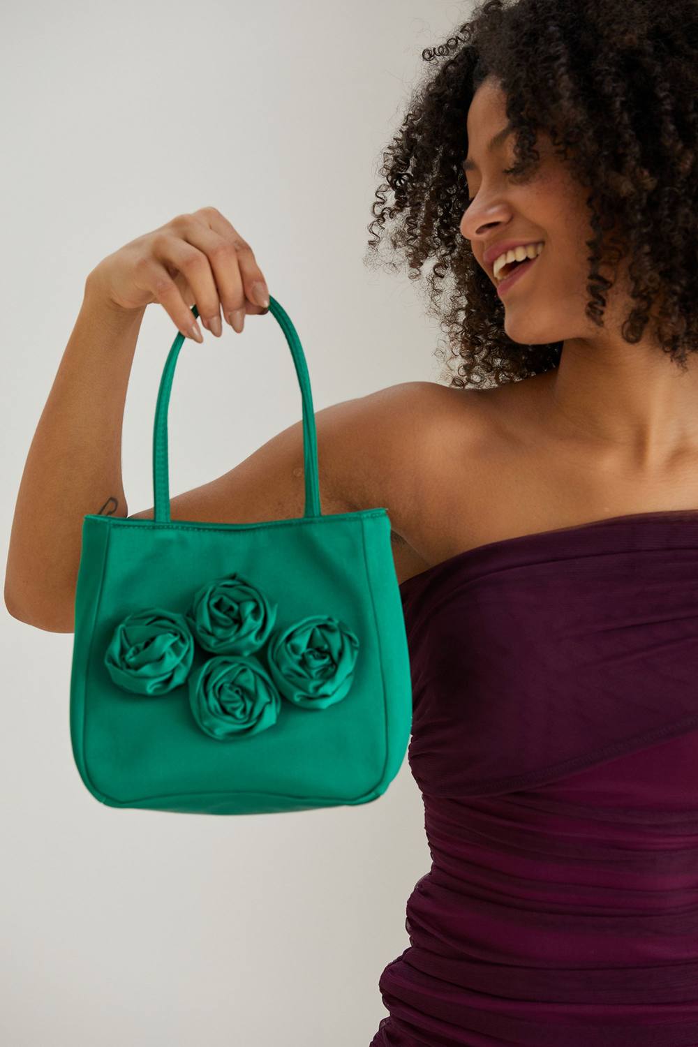 Belissh Women's Floral Satin Handbag with Detachable Crossbody Strap in Green