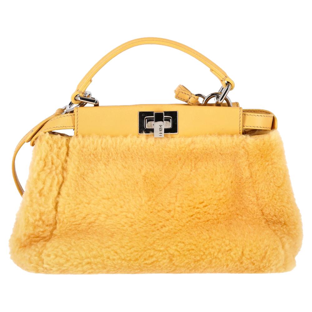 Fendi Women's Preloved Mini Peekaboo Shearling Handbag in Yellow Sheepskin