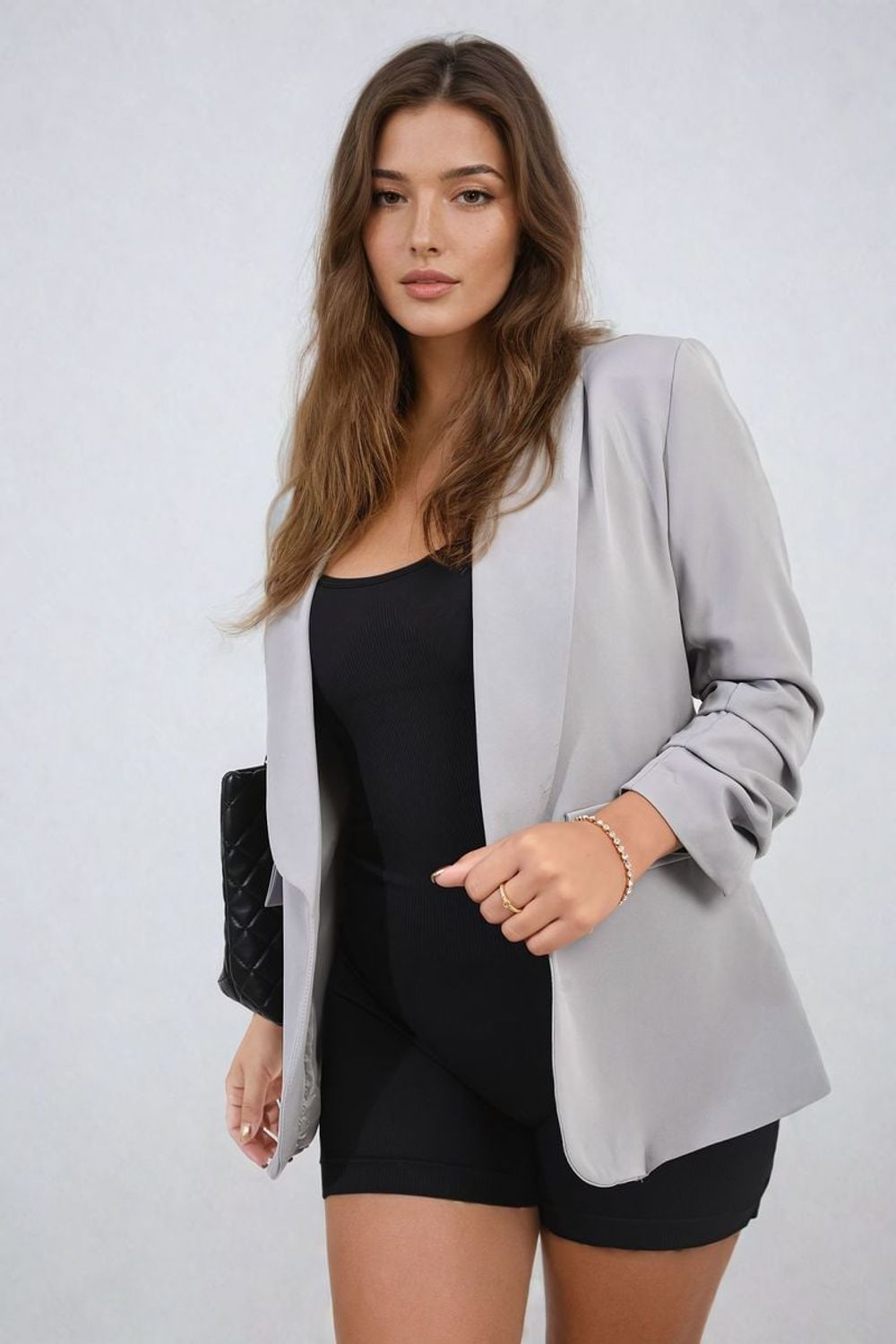 Sophisticated Ruched Sleeve Blazer Jacket with Pockets - grey