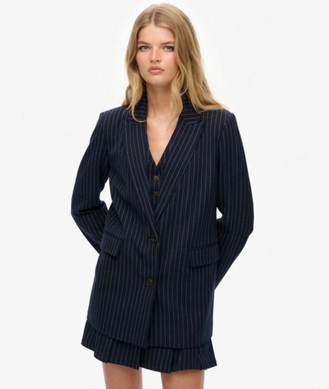 Superdry & Co Women's Pinstripe Boyfriend Blazer Blue Navy Pinstripe - Size: